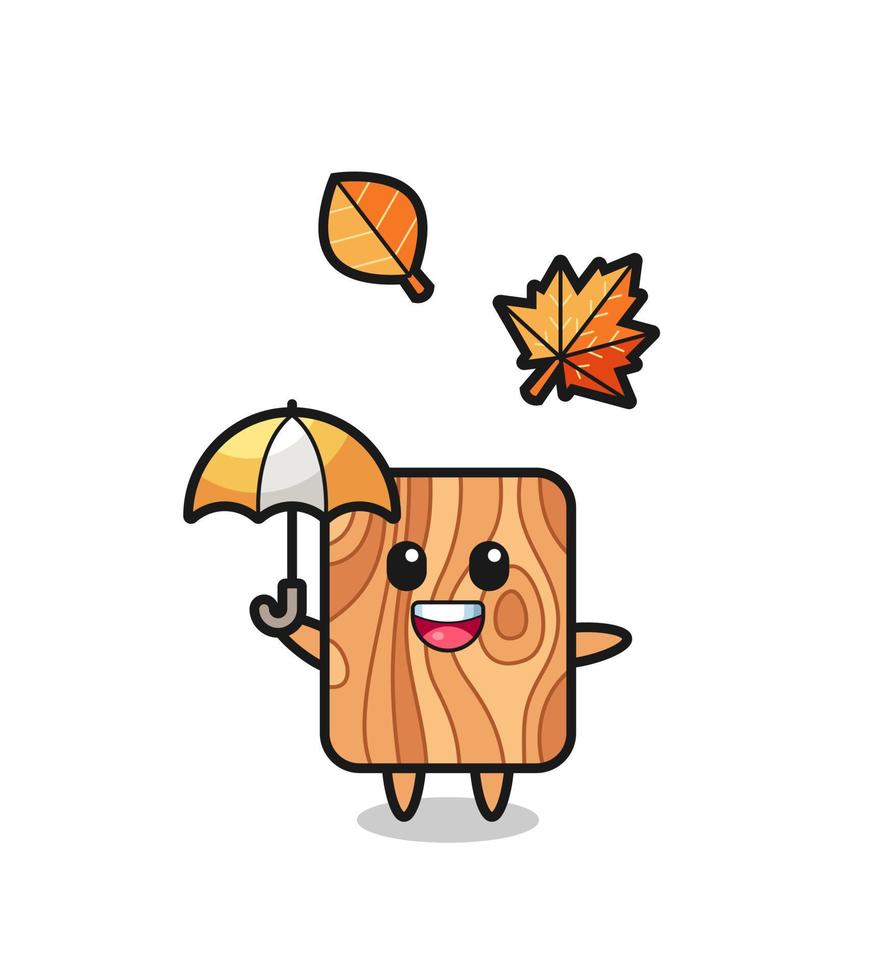 cartoon of the cute plank wood holding an umbrella in autumn vector