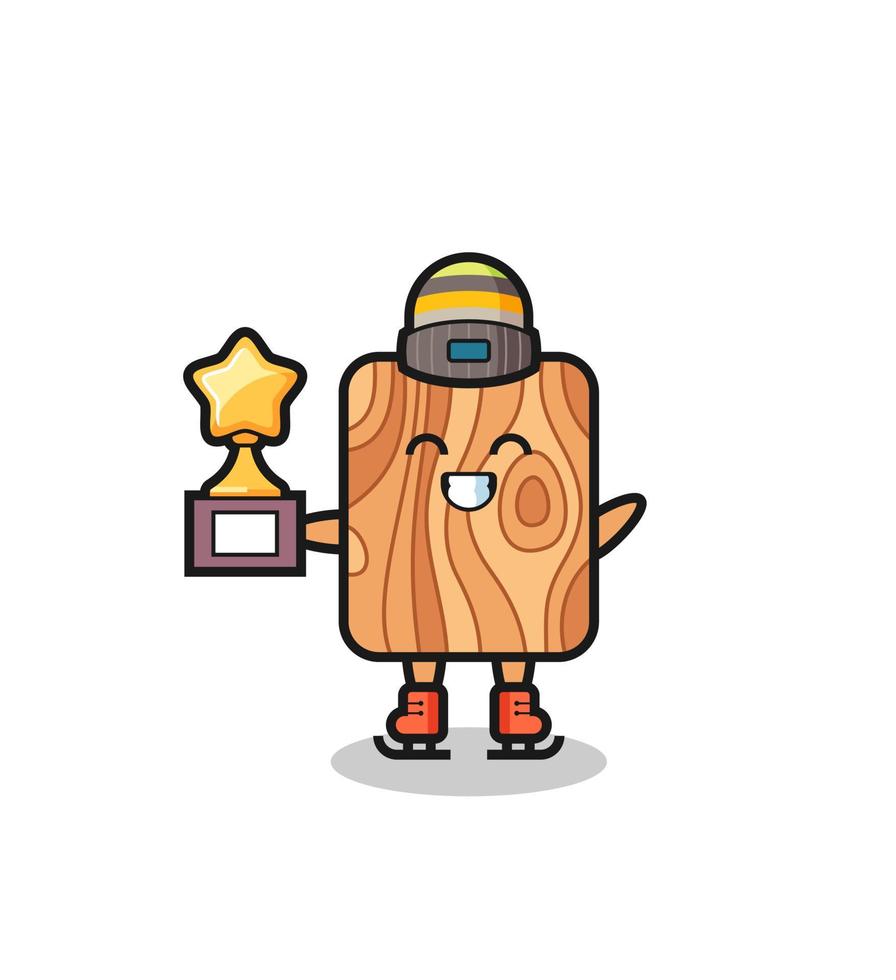 plank wood cartoon as an ice skating player hold winner trophy vector