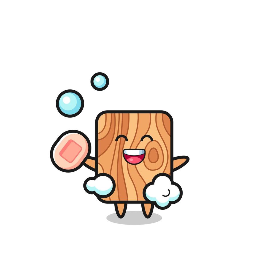 plank wood character is bathing while holding soap vector