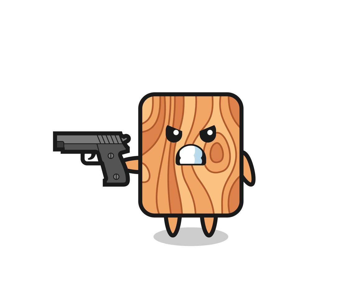 el lindo personaje de tablón de madera dispara con una pistola vector