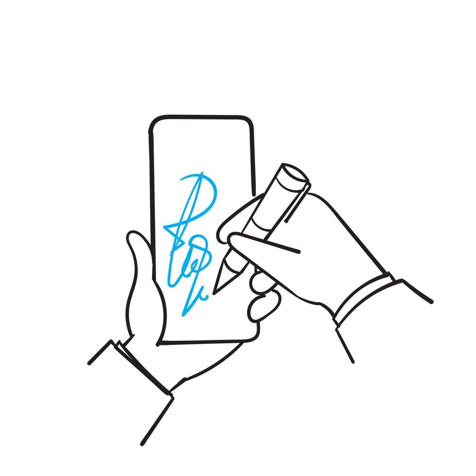 hand drawn doodle write signature on mobile illustration symbol for digital signature icon vector