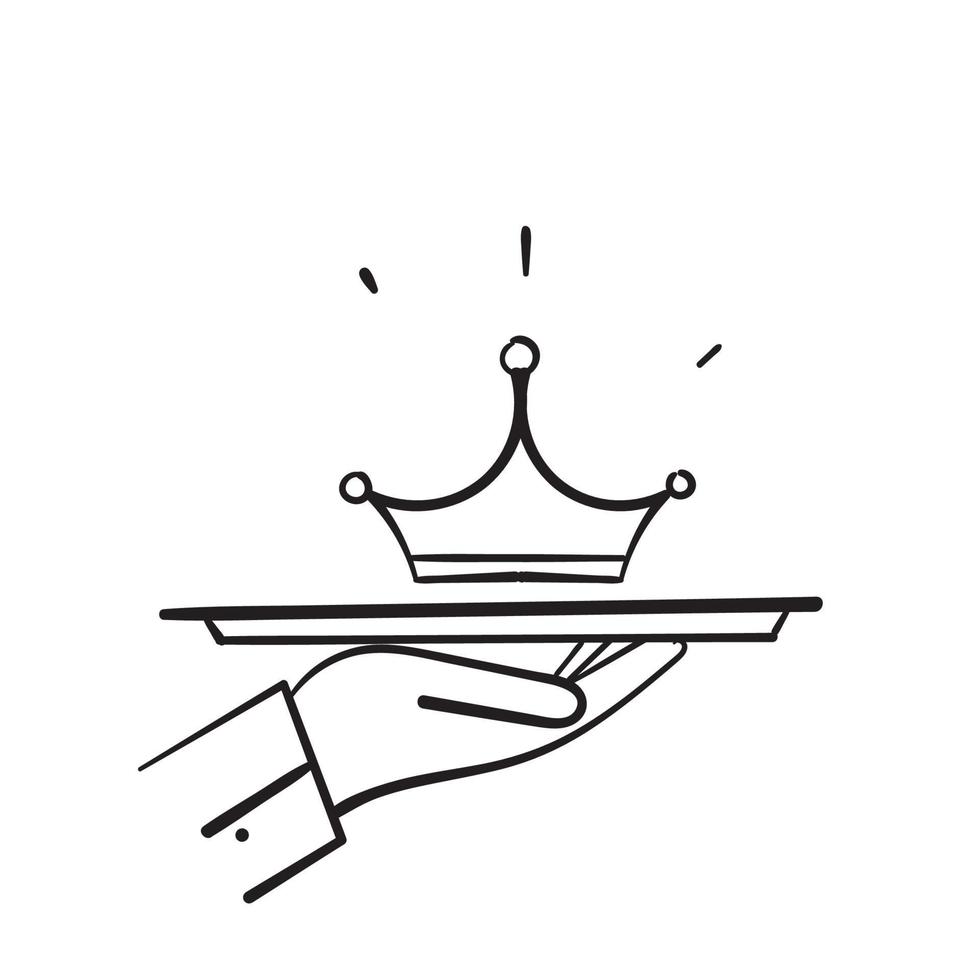 hand drawn doodle hand serving crown symbol for exclusive premium service illustration vector