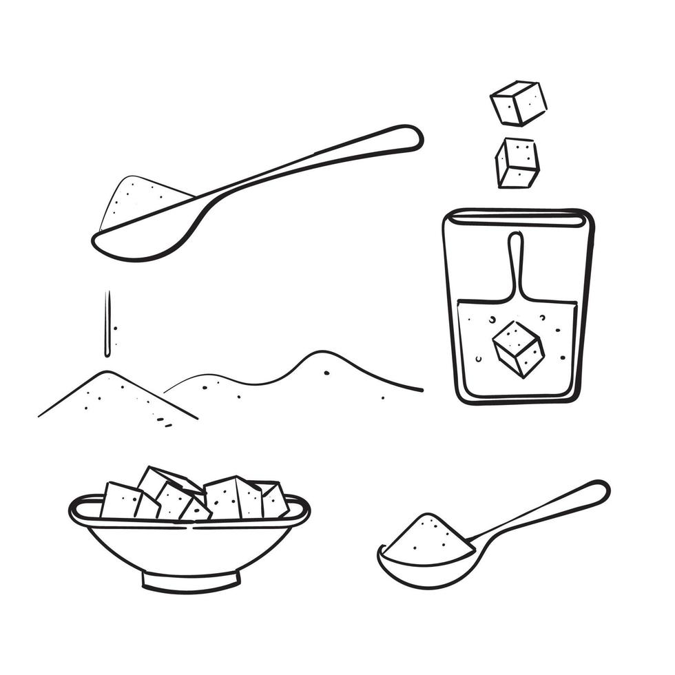 hand drawn doodle sugar cube and spoon illustration icon collection vector