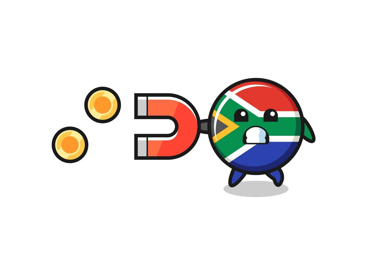 the character of south africa flag hold a magnet to catch the gold coins vector