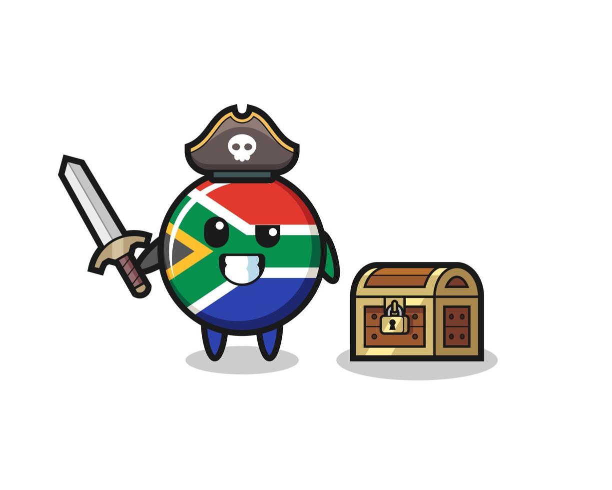 el personaje pirata de la bandera de sudáfrica sosteniendo una espada al lado de una caja del tesoro vector