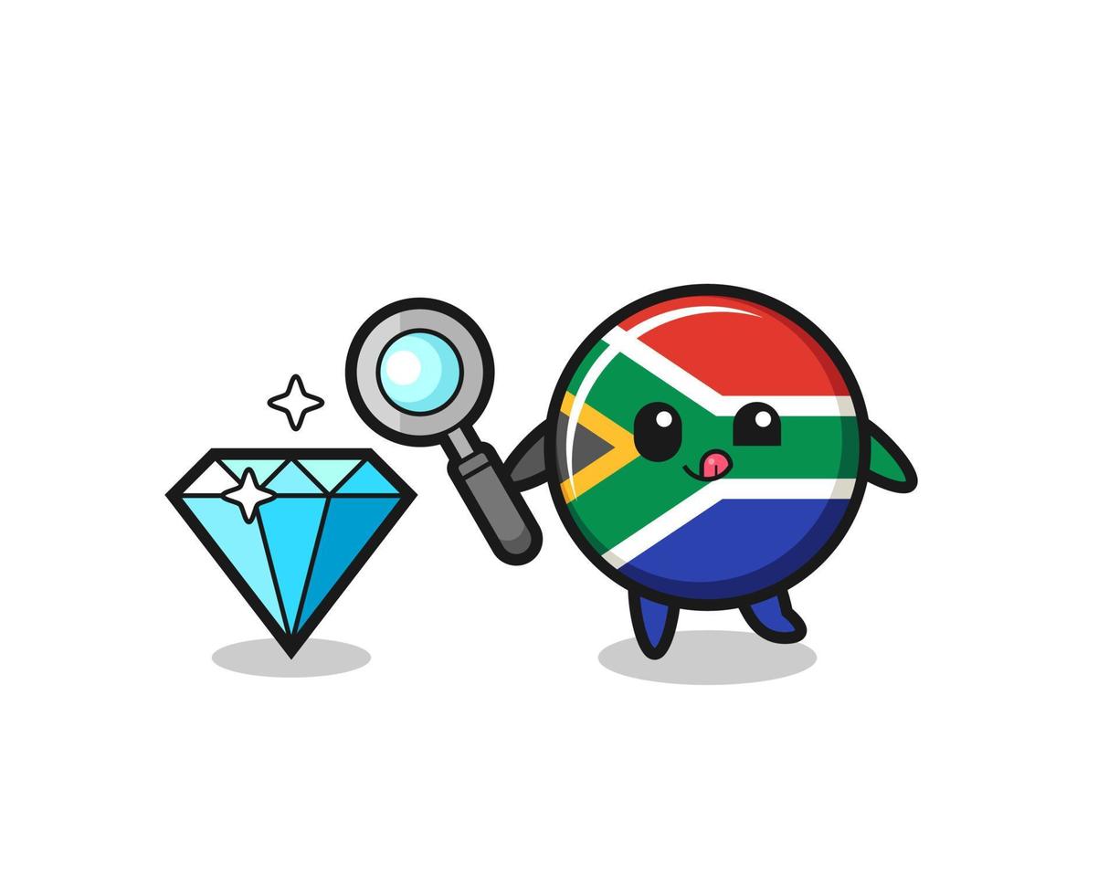 la mascota de la bandera de sudáfrica está comprobando la autenticidad de un diamante vector