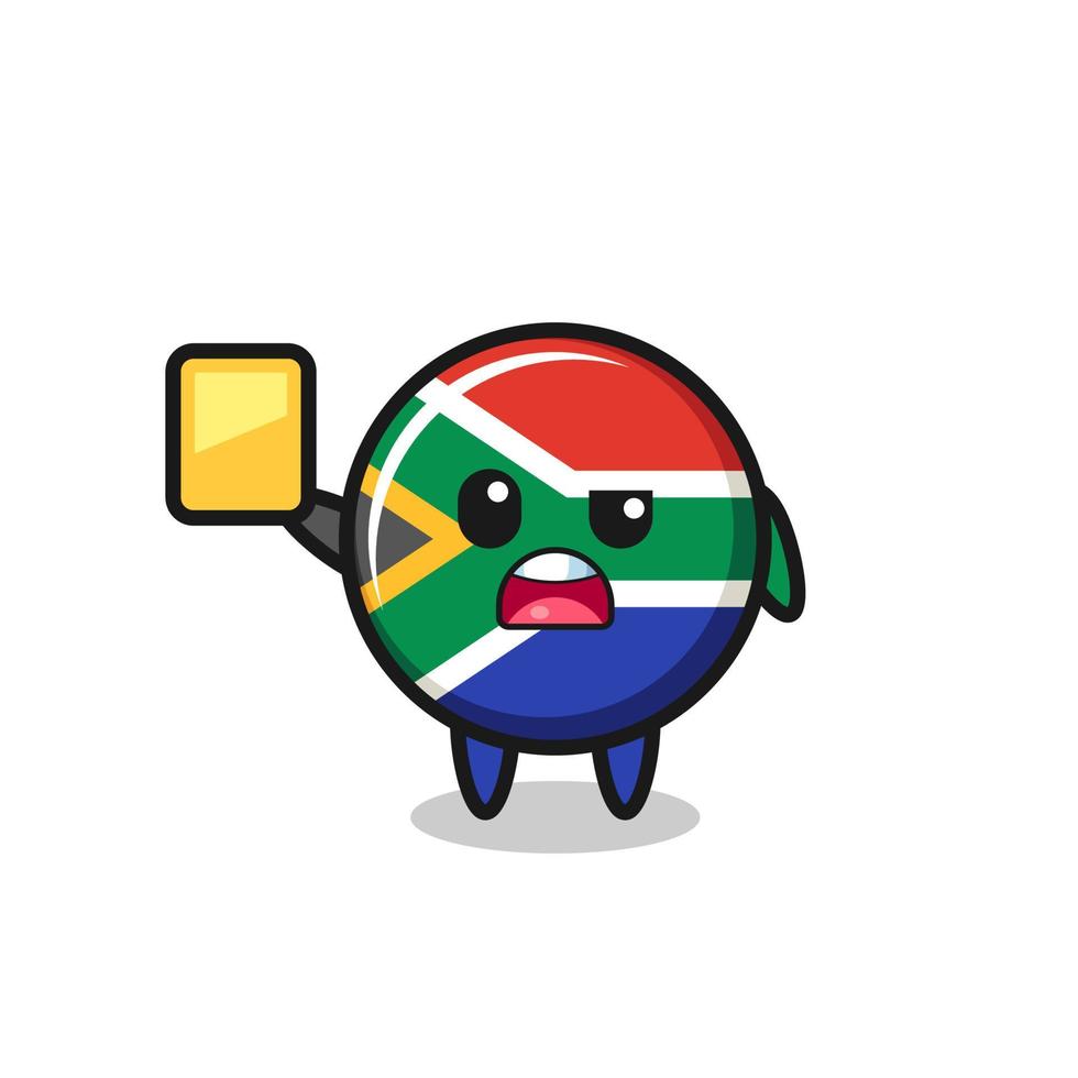 caricatura del personaje de la bandera de sudáfrica como árbitro de fútbol dando una tarjeta amarilla vector