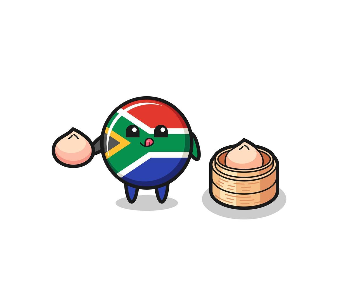 lindo personaje de la bandera de sudáfrica comiendo bollos al vapor vector