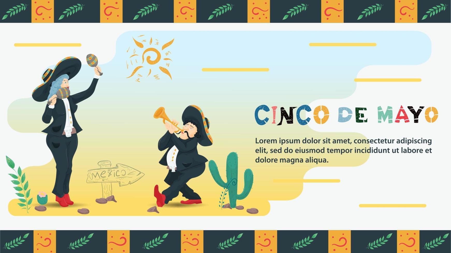 Vector flat design illustration on the theme of the Mexican holiday Cinco de Mayo A man and a woman in national costume play the trumpet and maracas