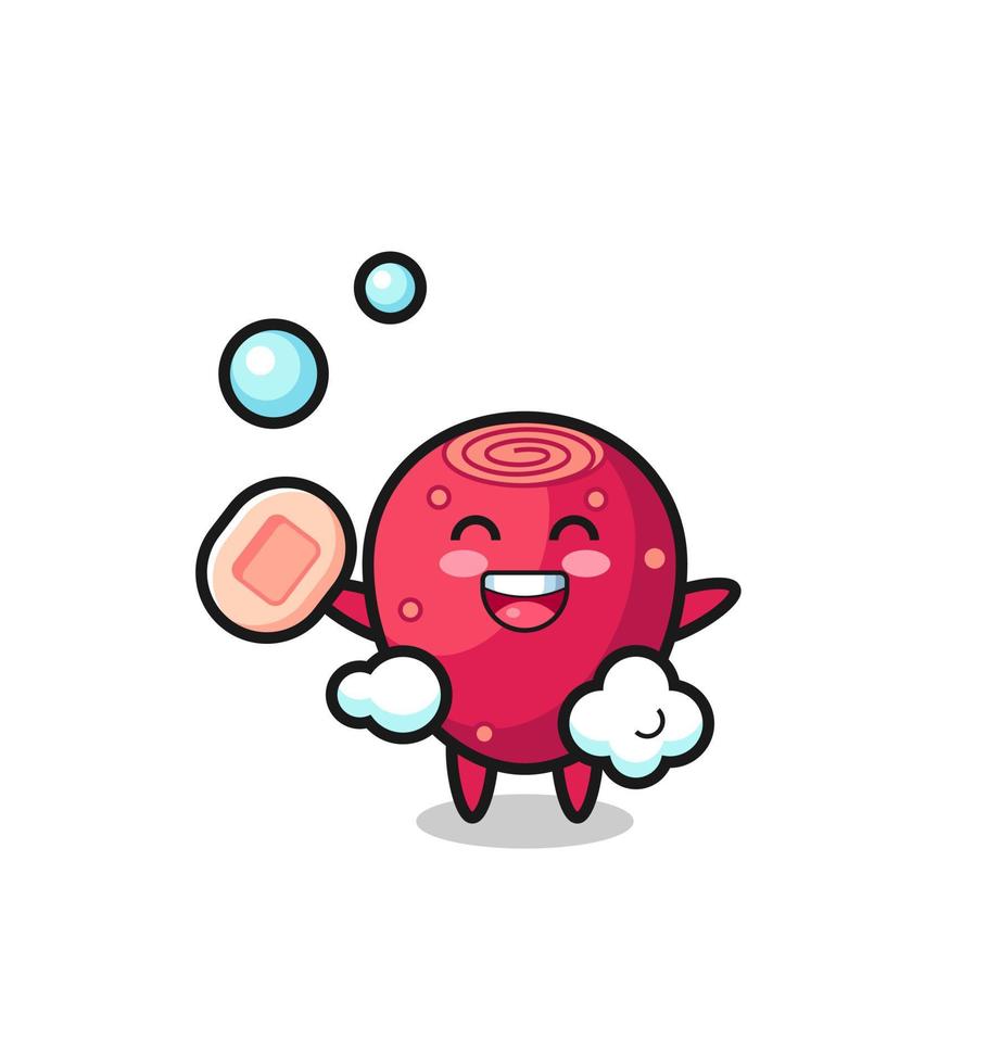 prickly pear character is bathing while holding soap vector