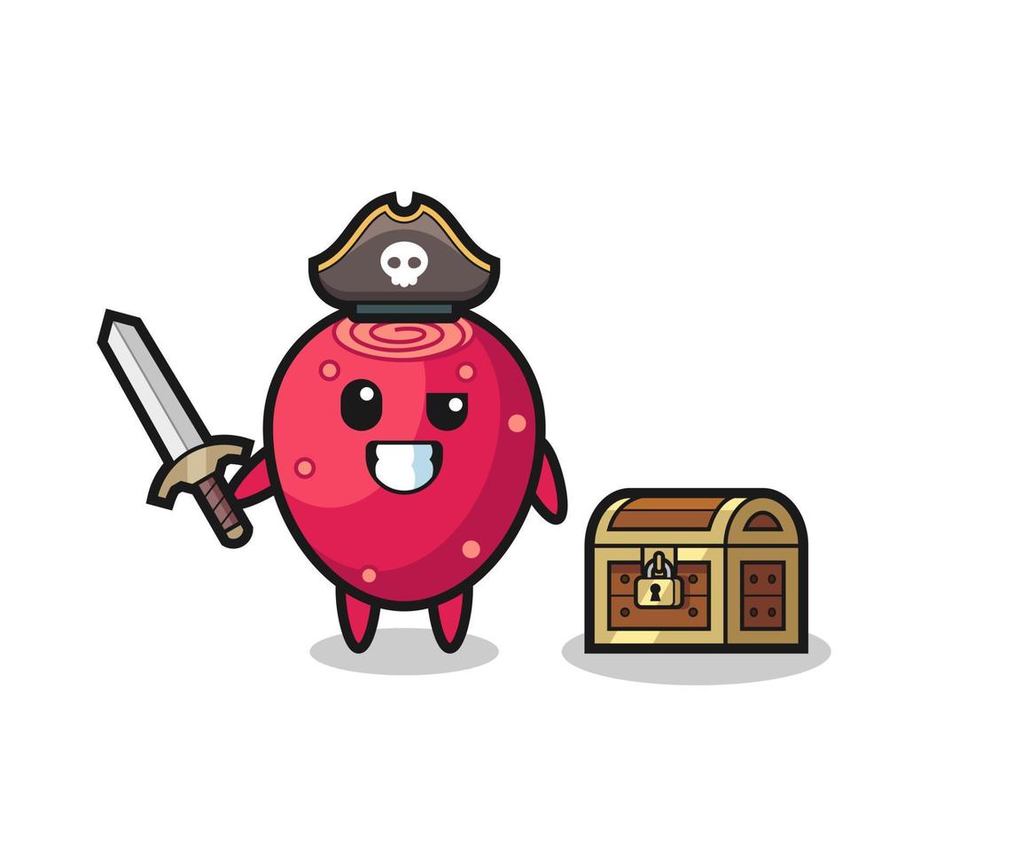 the prickly pear pirate character holding sword beside a treasure box vector