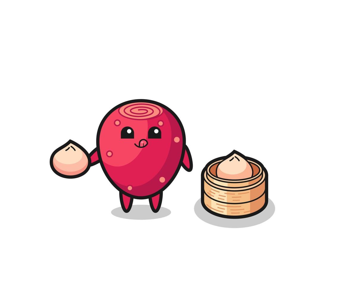 cute prickly pear character eating steamed buns vector