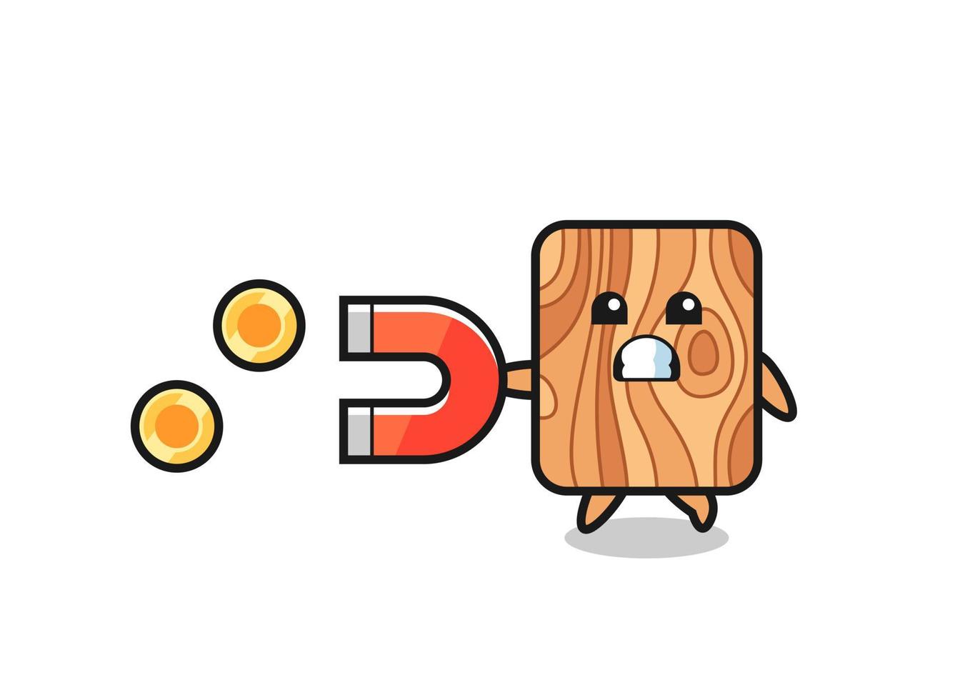 the character of plank wood hold a magnet to catch the gold coins vector