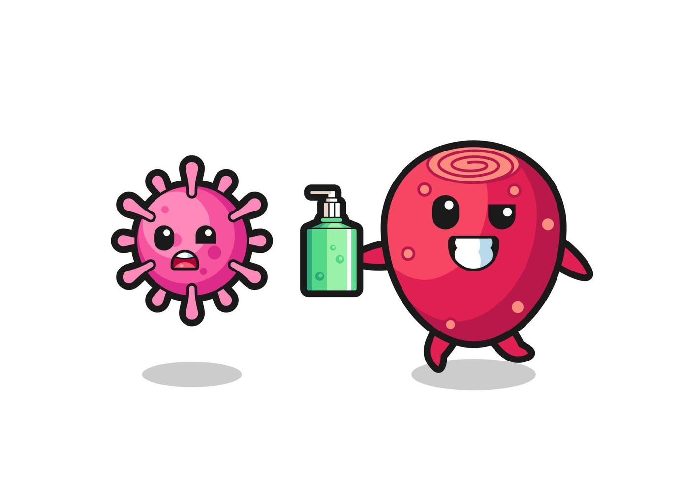 ilustración del personaje de pera espinosa persiguiendo virus malvados con desinfectante de manos vector