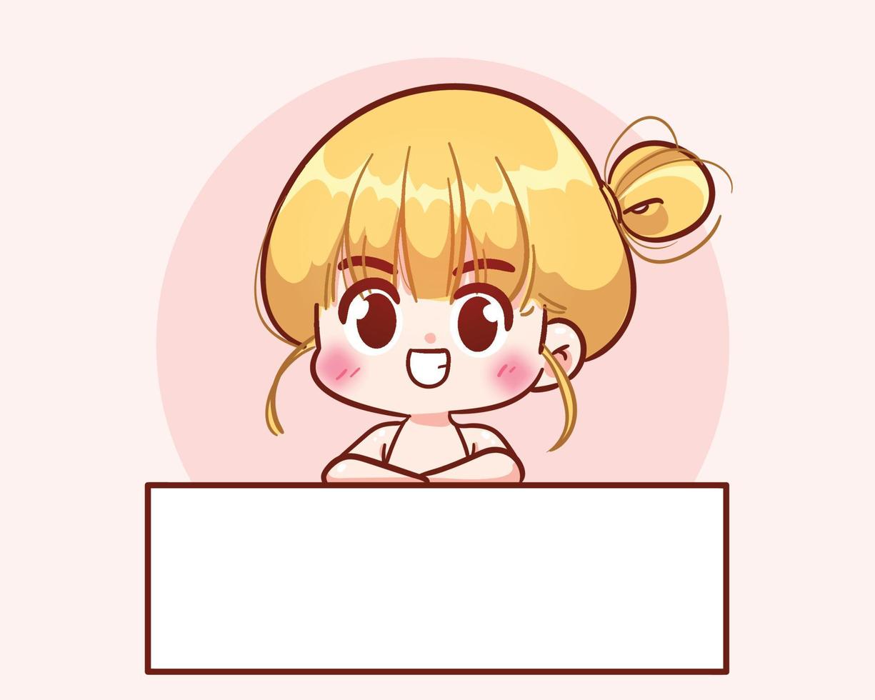 Cute girl holding empty sign banner hand drawn cartoon art illustration vector
