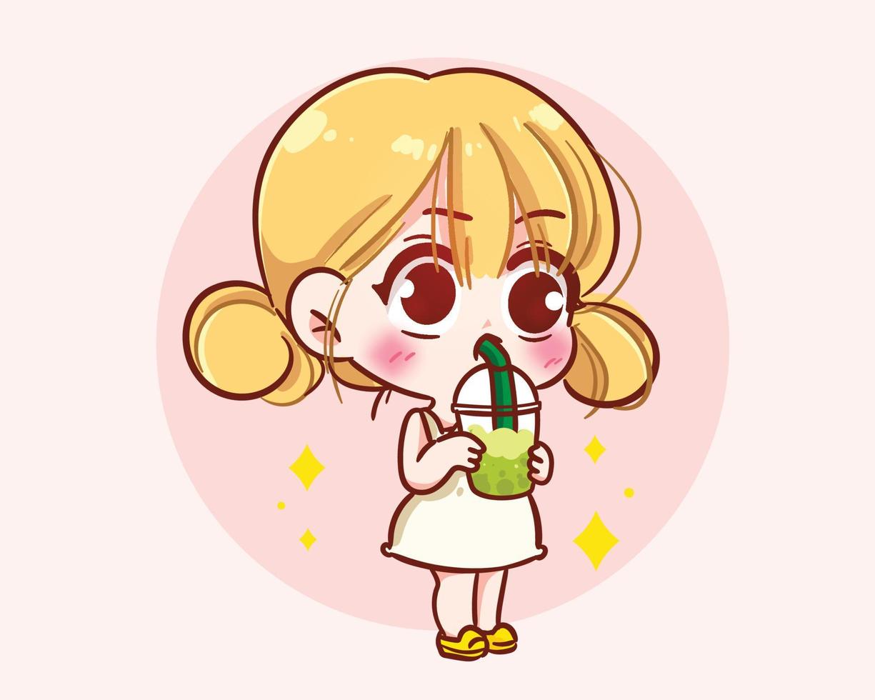 Cute girl drinking bubble tea logo banner hand drawn cartoon art illustration vector