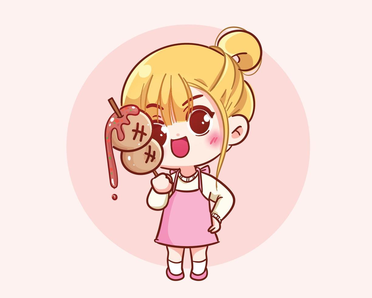Cute girl holding meatball grill logo banner hand drawn cartoon art illustration vector