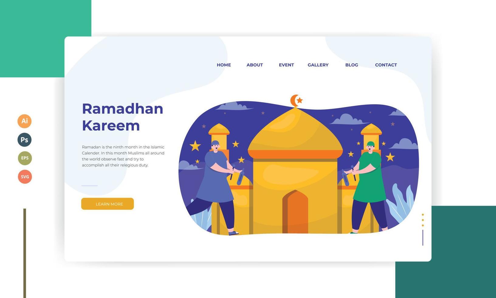 Happy Ramadan Mubarak greeting concept with people character for web landing page template. Suitable for web landing page, ui, mobile app. vector illustration.