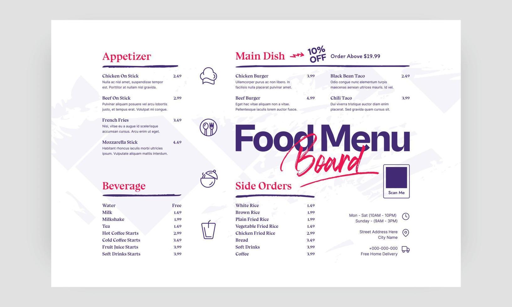 menú de comida rápida. Folleto de plantilla de menú de cafetería de comida rápida de restaurante. vector