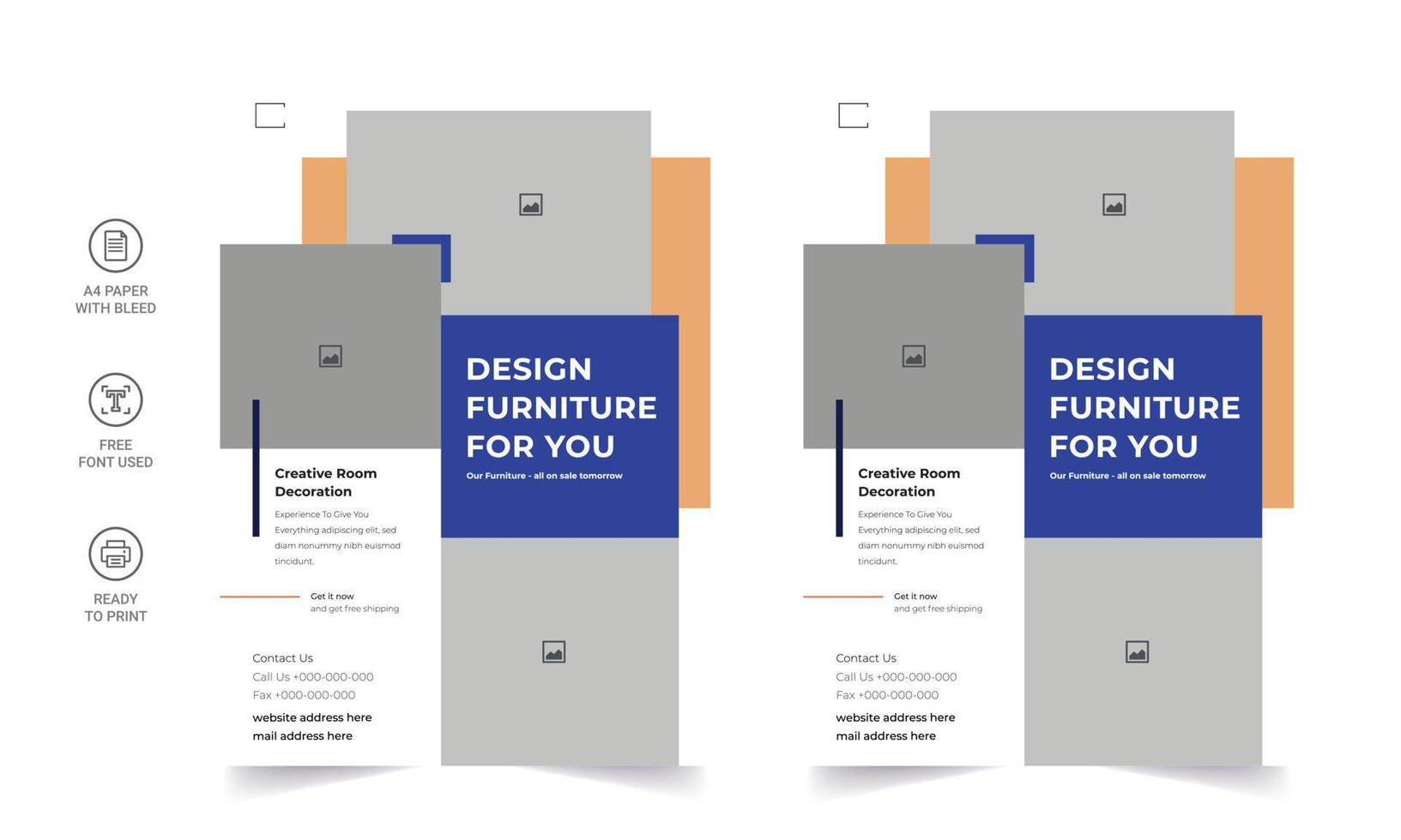 Furniture brochure design vector template in A4 size. Flyer of a furniture store, apartment, promotion, sale, ads. Vector illustration for banner, poster, flyer, cover, menu, brochure.