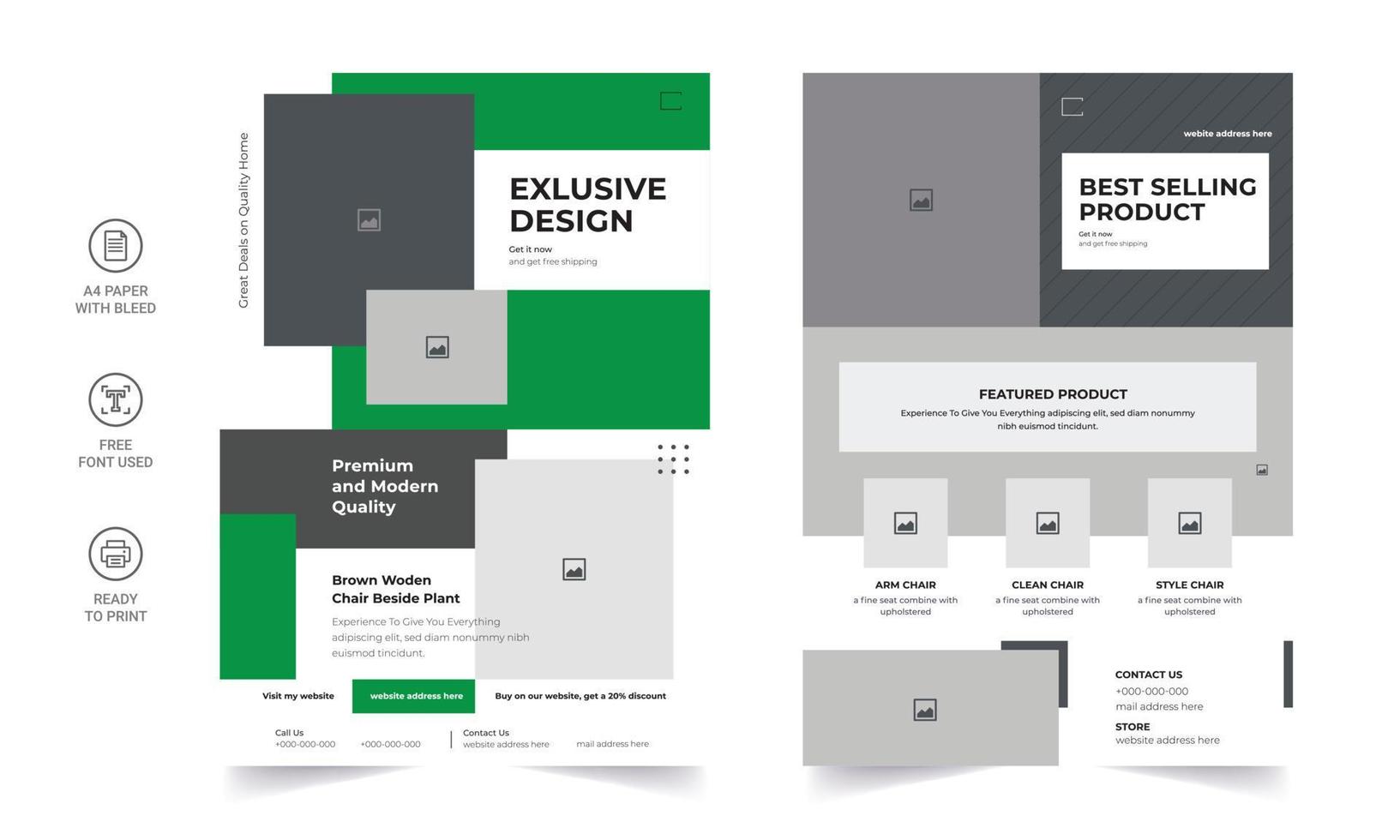 Furniture brochure design vector template in A4 size. Flyer of a furniture store, apartment, promotion, sale, ads. Vector illustration for banner, poster, flyer, cover, menu, brochure.