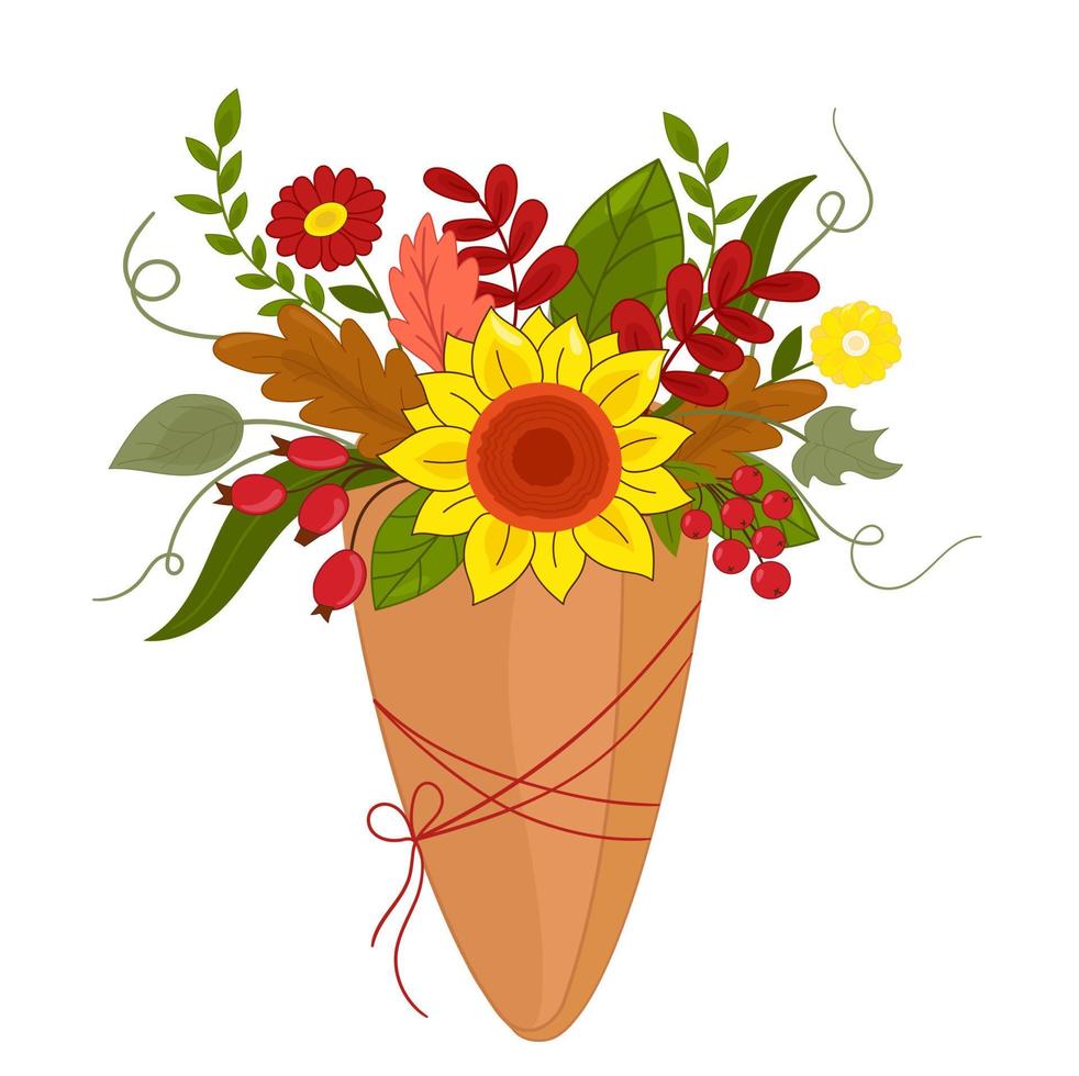 ilustración vectorial ramo de flores de otoño en paquete de papel artesanal vector