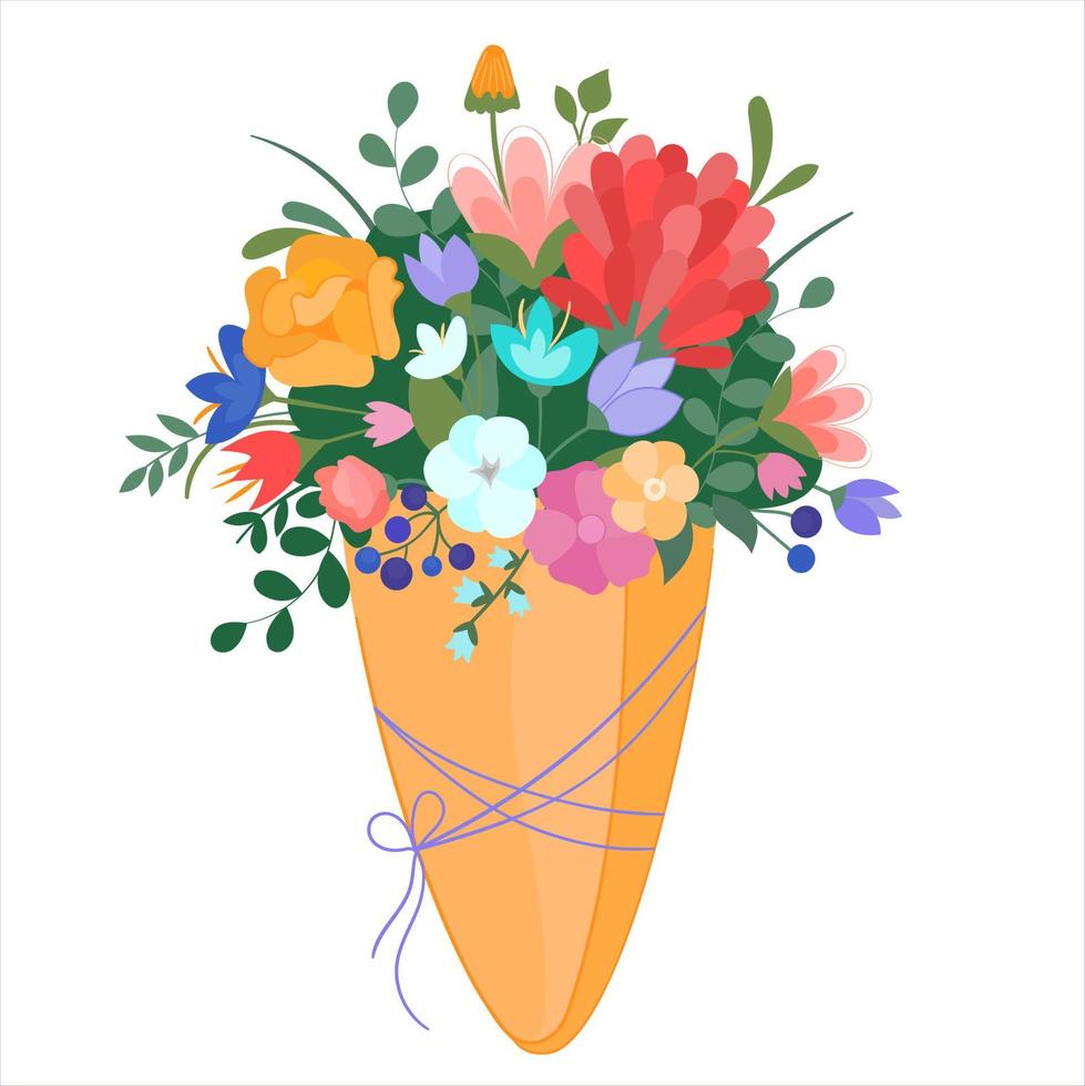 Vector illustration bouquet of spring flowers in Kraft paper package