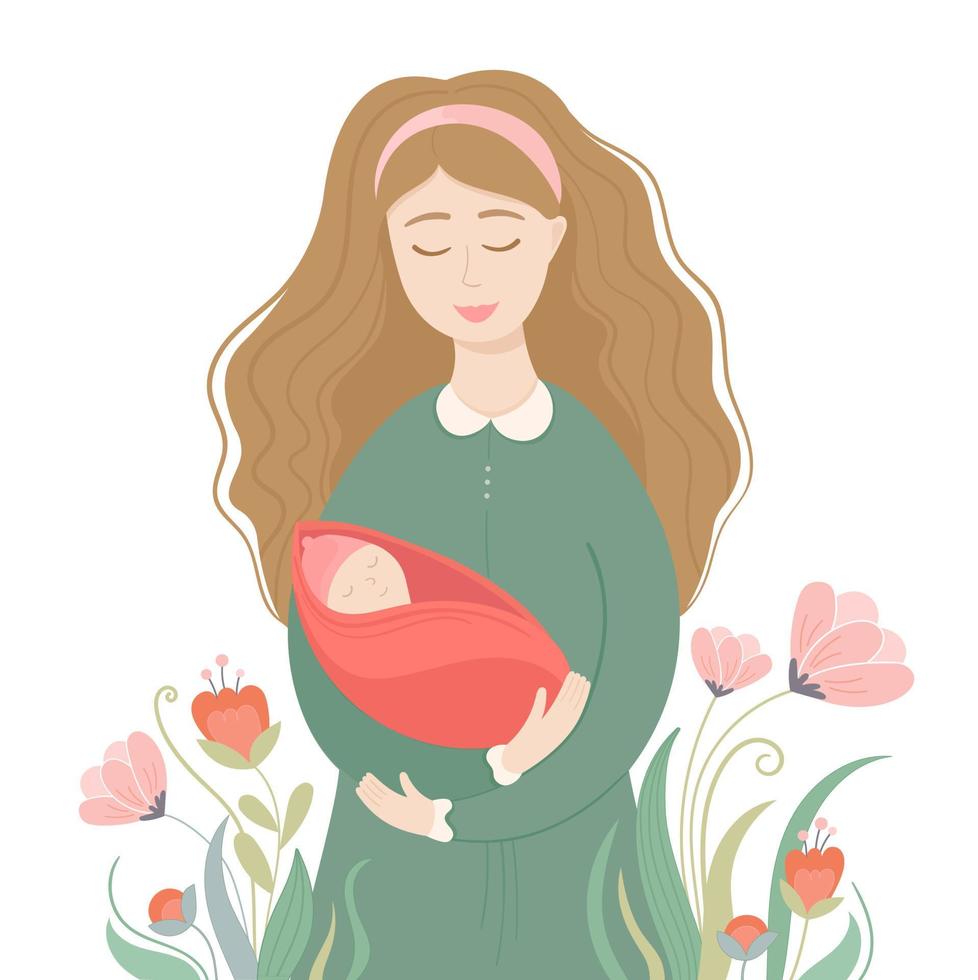 Vector illustration woman with newborn, baby on hand in the flower garden. New life, motherhood. Mothers day