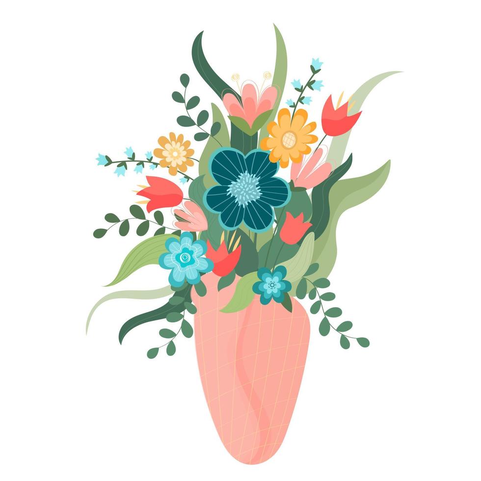 Vector illustration bouquet of spring flowers in craft paper package
