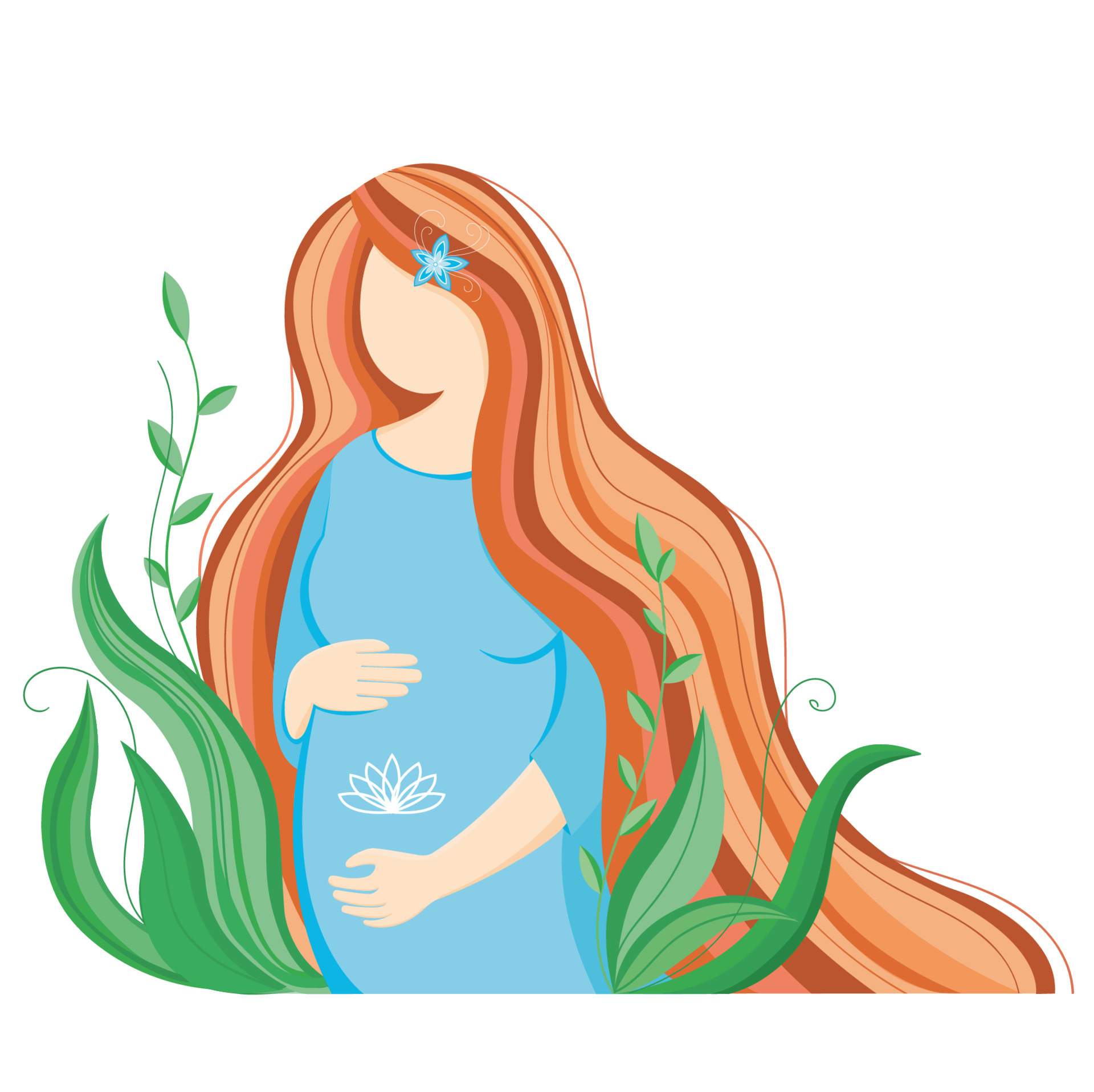 Pregnant happy woman with a baby in her belly, greenery around