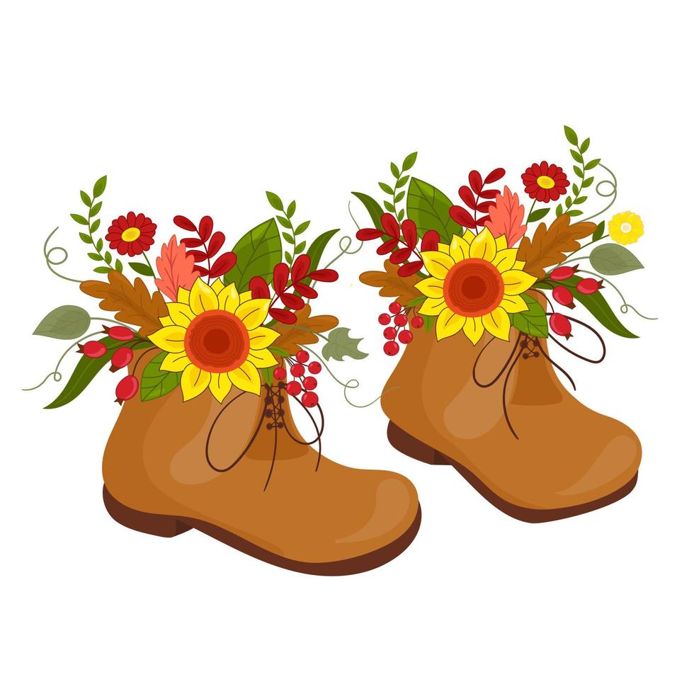 Vector illustration autumn boots on laces with blooming bouquet autumn flowers on white isolated background
