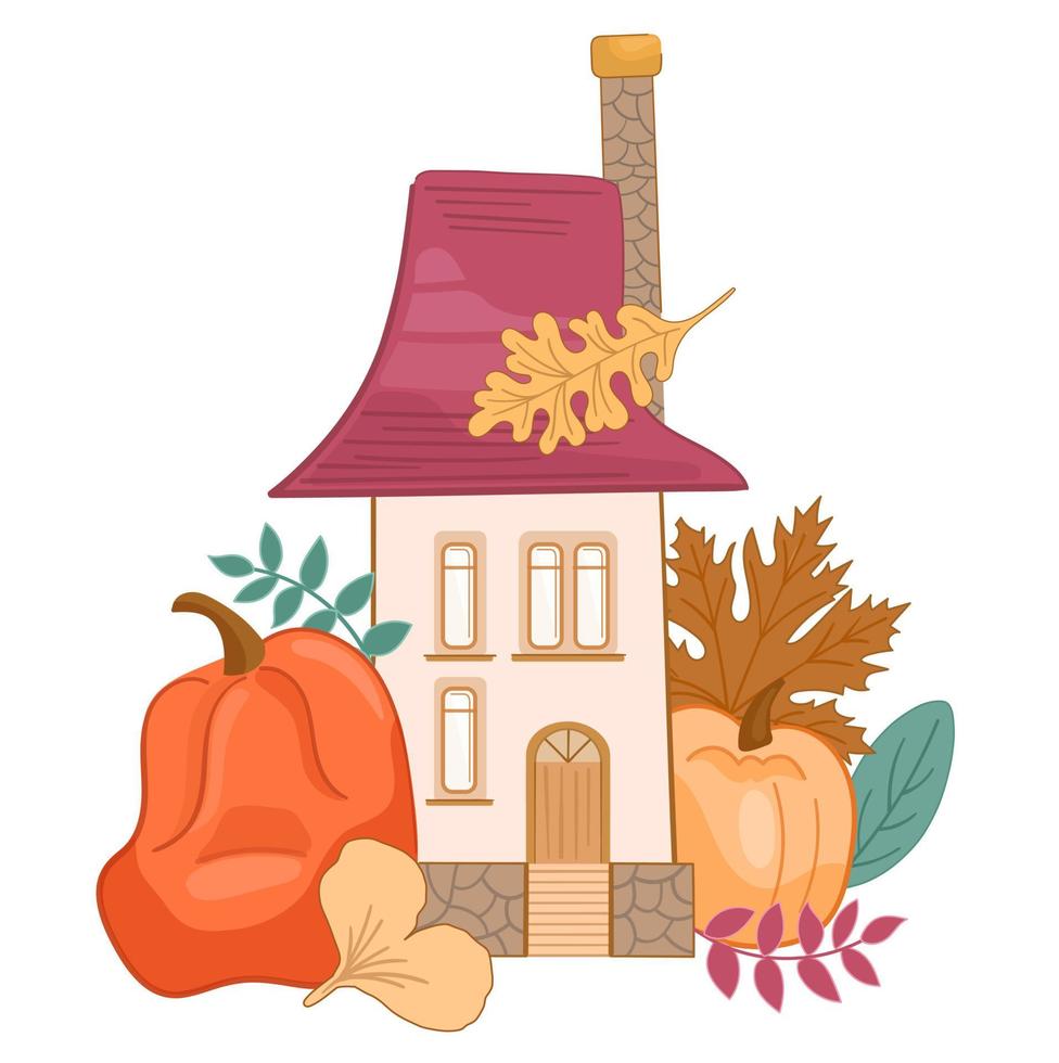 Fairy cozy concept autumn house with pumpkins, autumn leaves vector