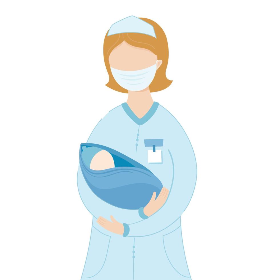 Vector illustration for midwife day. Nurse or midwife with mask holding a newborn by hands