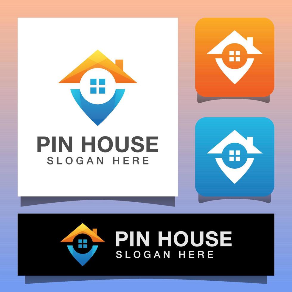 Home location with house and pin map marker logo design, vector template