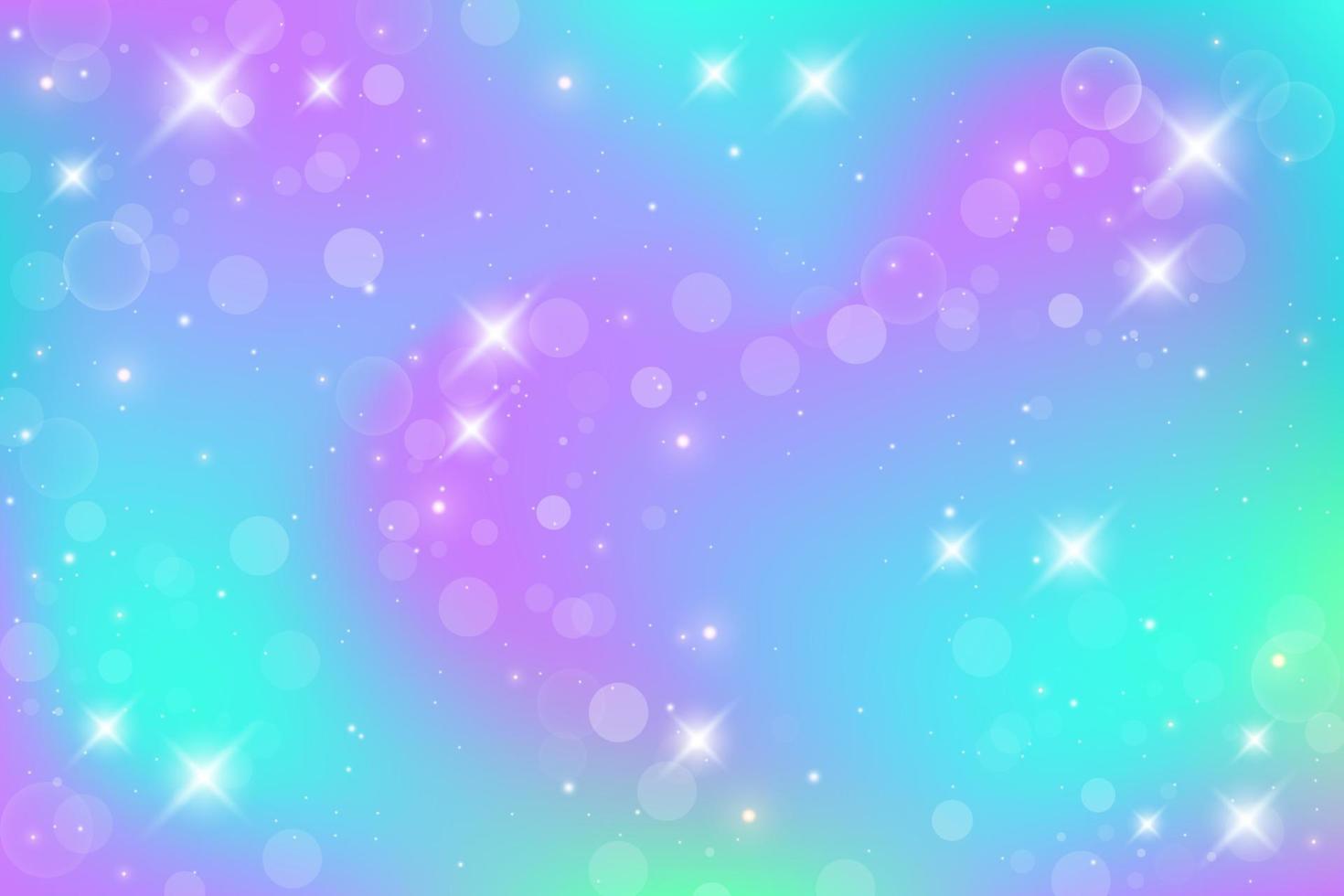 Rainbow fantasy background. Holographic unicorn illustration. Multicolored sky with stars and bokeh. Vector. vector