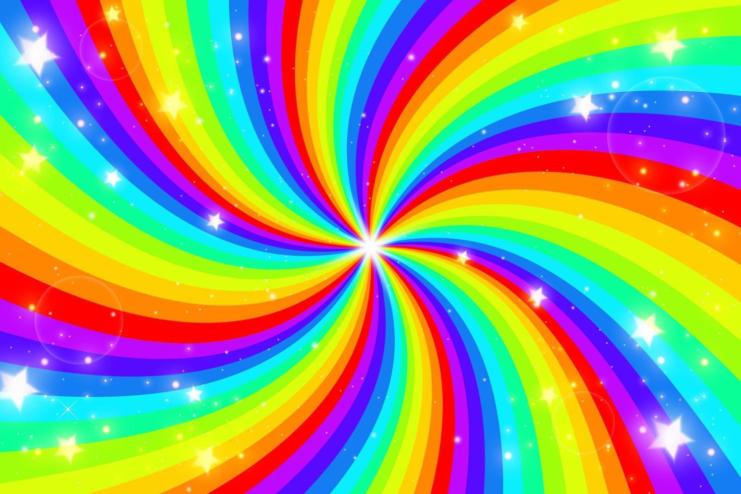 Rainbow swirl background with stars. Radial gradient rainbow of twisted spiral. Vector illustration