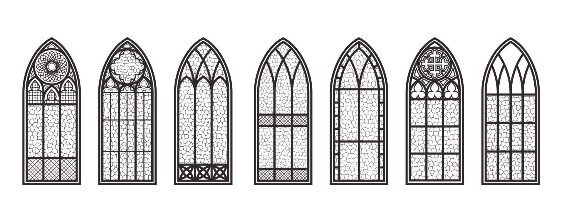 Gothic windows outline set. Silhouette of vintage stained glass church frames. Element of traditional european architecture. Vector