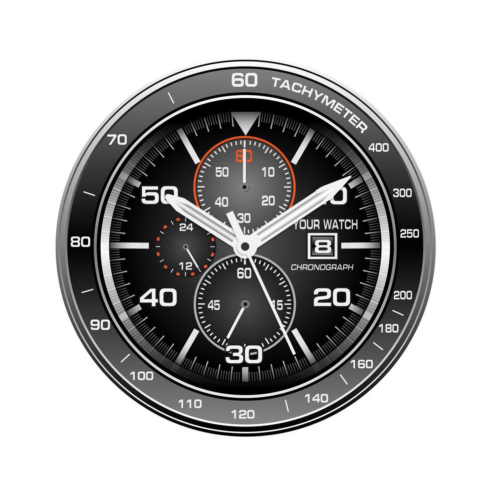 Realistic black white orange clock watch face chronograph luxury isolated background vector