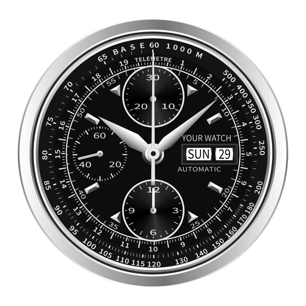 Realistic black silver clock watch face chronograph luxury on white background vector
