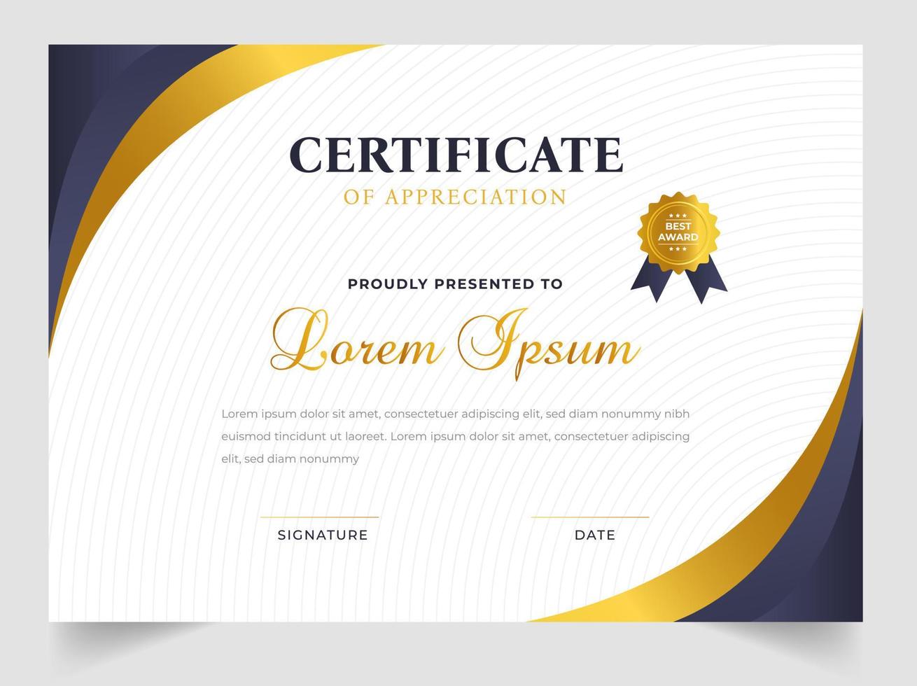 Certificate template in vector for achievement graduation completion. Certificate of appreciation template,  Clean modern certificate with gold badge.  luxury badge and modern line pattern Certificate