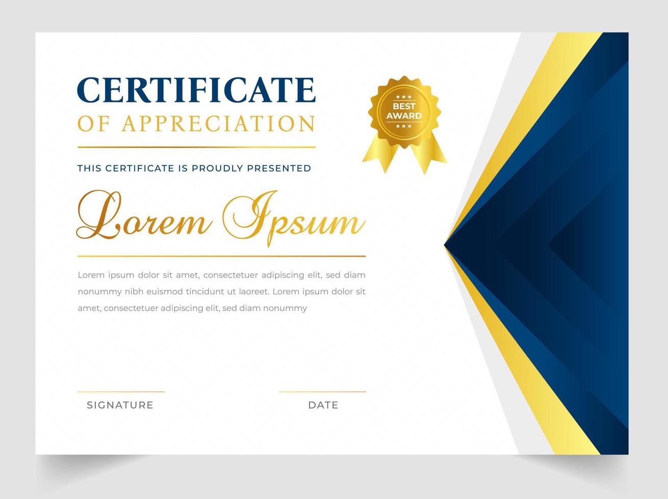 Certificate template in vector for achievement graduation completion. Certificate of appreciation template,  Clean modern certificate with gold badge.  luxury badge and modern line pattern Certificate