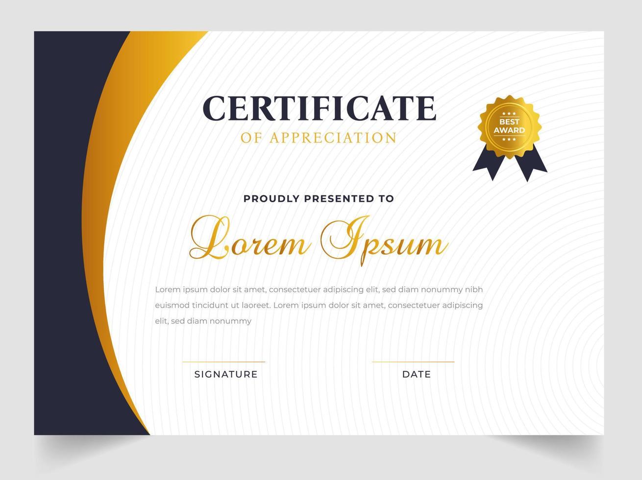 Certificate template in vector for achievement graduation completion. Certificate of appreciation template,  Clean modern certificate with gold badge.  luxury badge and modern line pattern Certificate