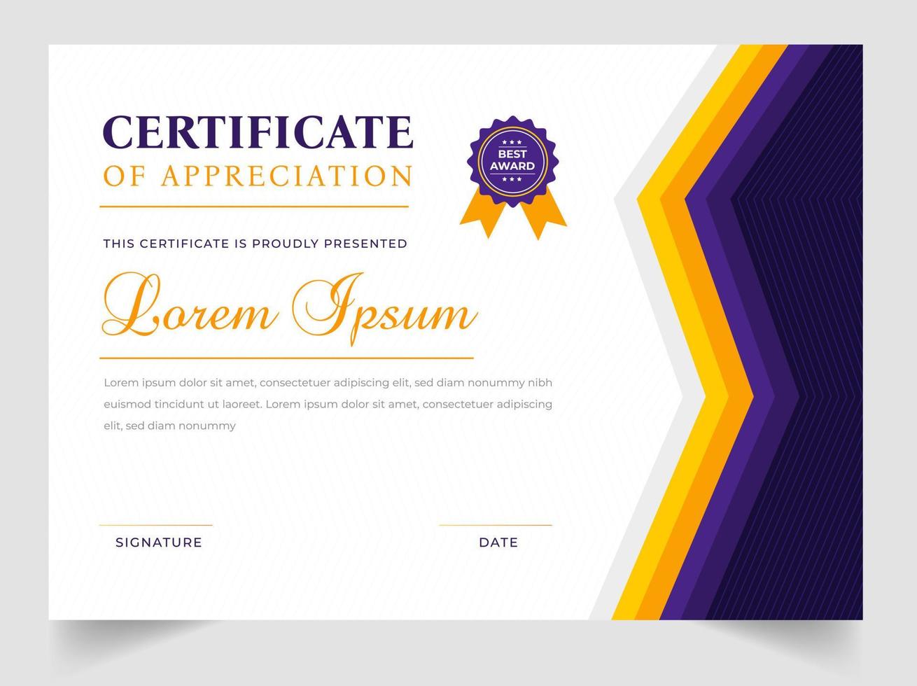 Certificate template in vector for achievement graduation completion. Certificate of appreciation template,  Clean modern certificate with gold badge.  luxury badge and modern line pattern Certificate