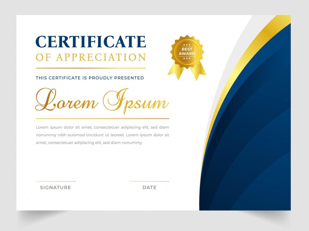Certificate template in vector for achievement graduation completion. Certificate of appreciation template,  Clean modern certificate with gold badge.  luxury badge and modern line pattern Certificate
