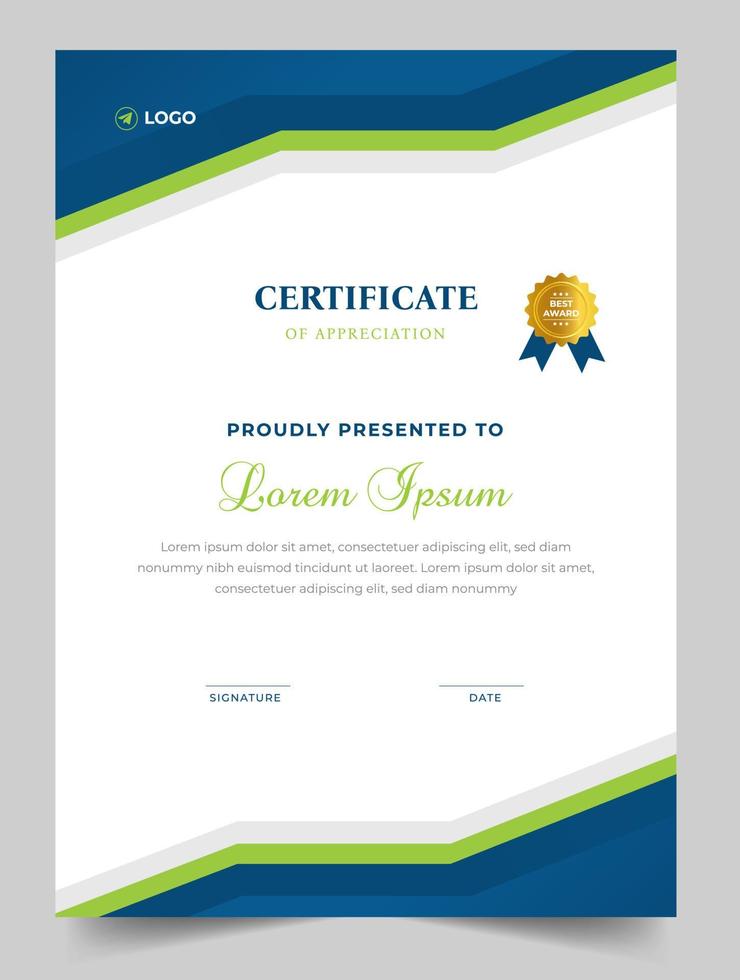 Certificate template in vector for achievement graduation completion. Certificate of appreciation template,  Clean modern certificate with gold badge.  luxury badge and modern line pattern Certificate