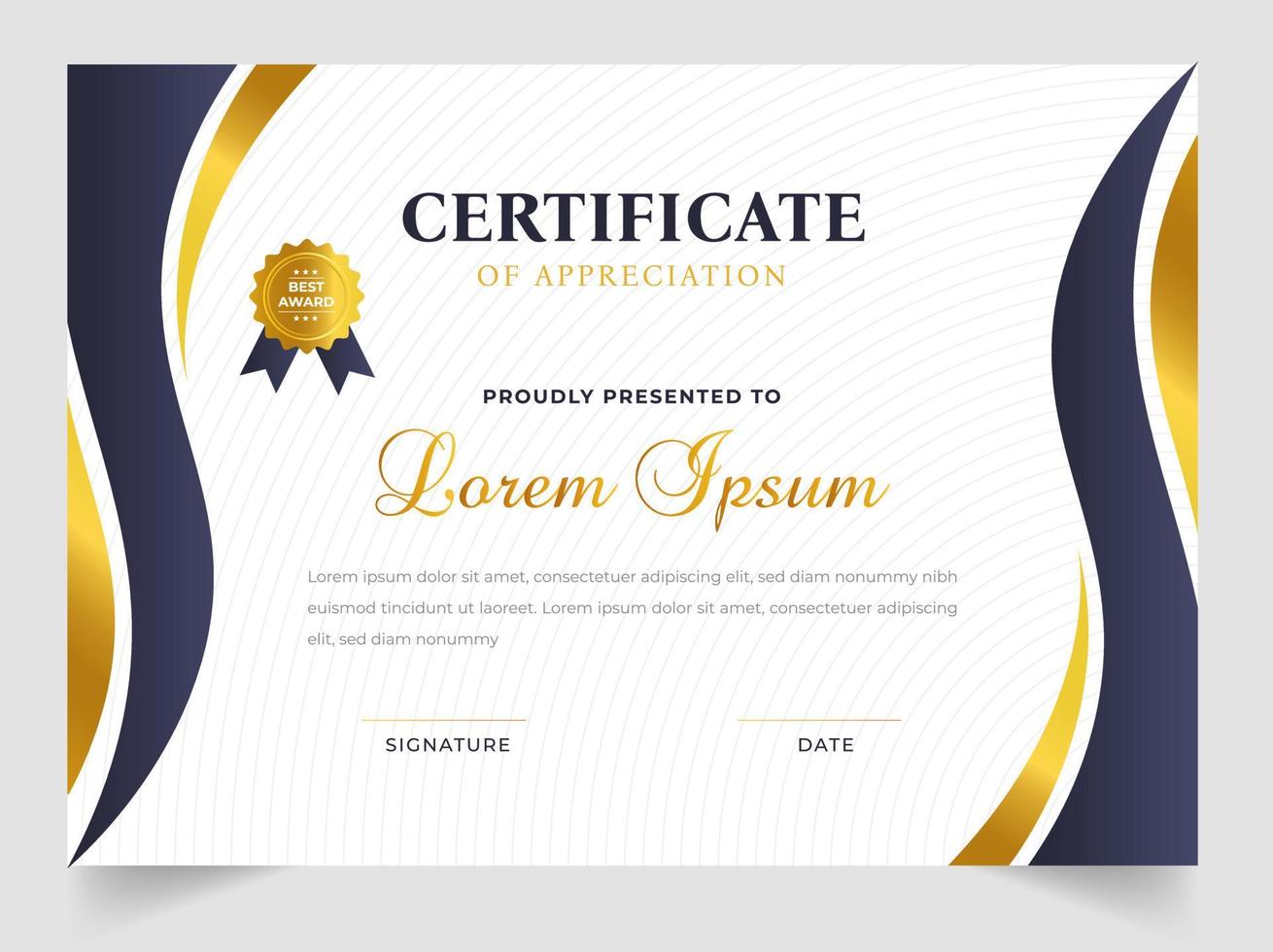 Certificate template in vector for achievement graduation completion. Certificate of appreciation template,  Clean modern certificate with gold badge.  luxury badge and modern line pattern Certificate