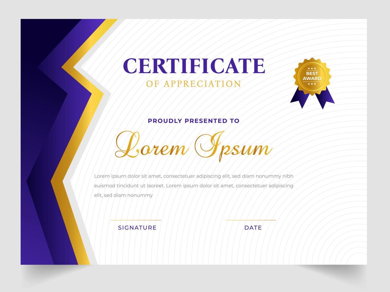 Certificate template in vector for achievement graduation completion. Certificate of appreciation template,  Clean modern certificate with gold badge.  luxury badge and modern line pattern Certificate