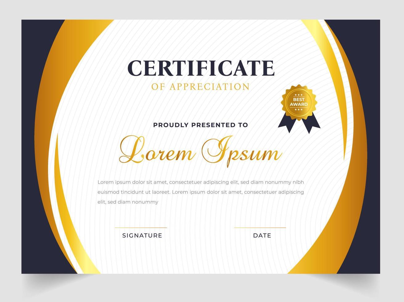 Certificate template in vector for achievement graduation completion. Certificate of appreciation template,  Clean modern certificate with gold badge.  luxury badge and modern line pattern Certificate