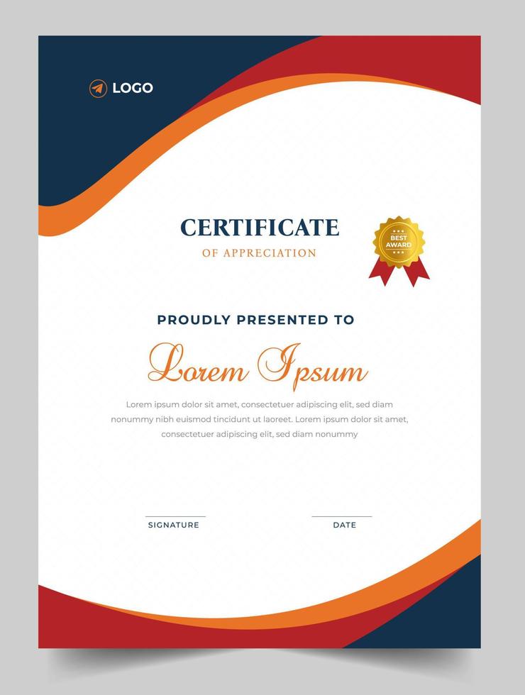 Certificate template in vector for achievement graduation completion. Certificate of appreciation template,  Clean modern certificate with gold badge.  luxury badge and modern line pattern Certificate