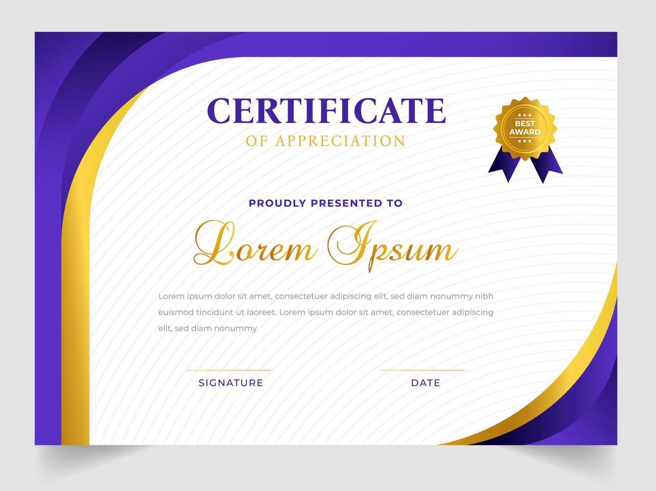 Certificate template in vector for achievement graduation completion. Certificate of appreciation template,  Clean modern certificate with gold badge.  luxury badge and modern line pattern Certificate